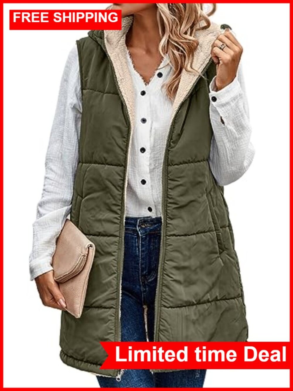 Women's Long Puffer Vest Reversible Fleece Zip Up Hooded Sleeveless Coat